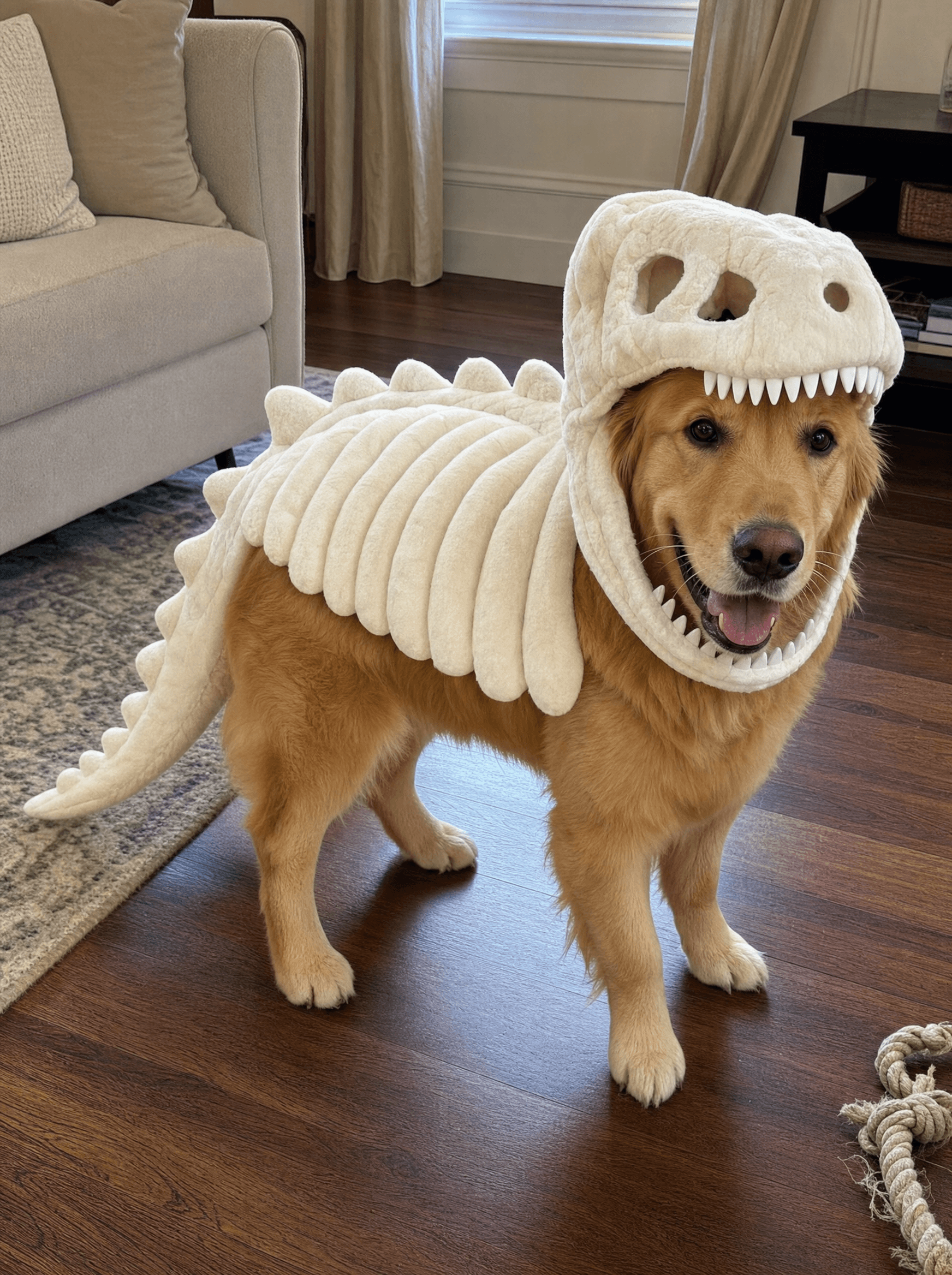Dog wearing the Dino Skeleton Glow Suit