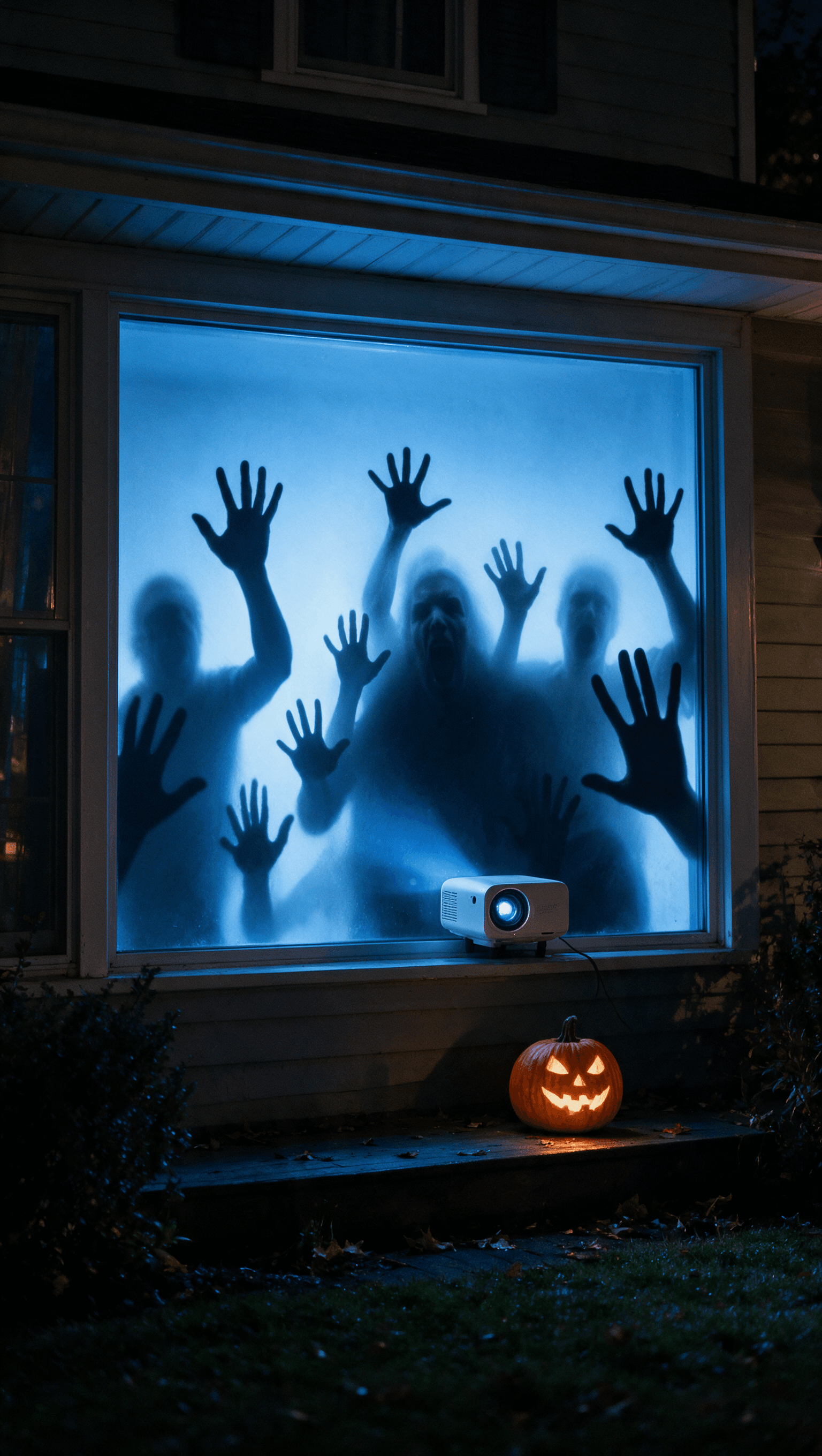 Scare Cast Halloween window projector casting ghostly figures on glass